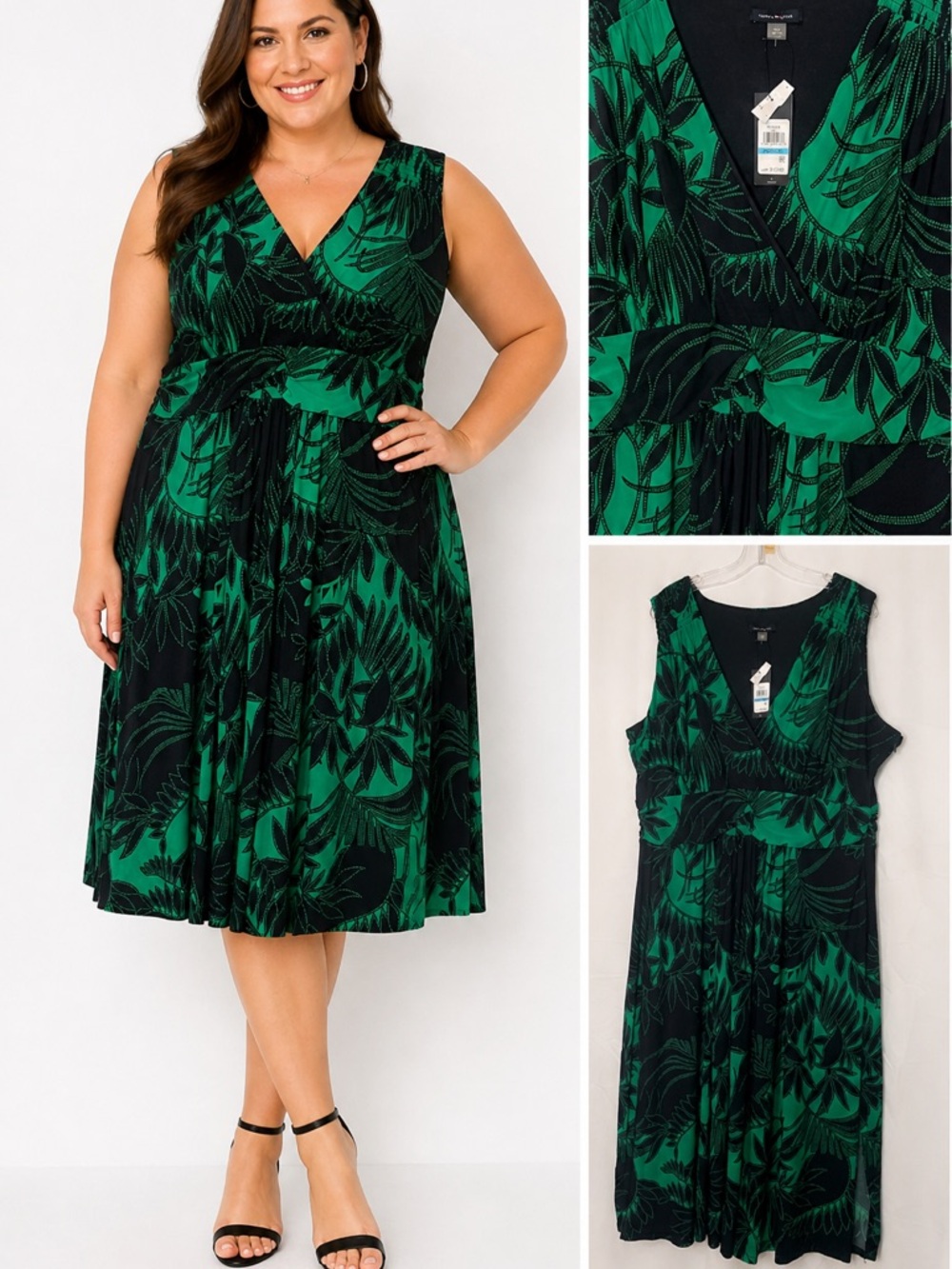 Tommy Hilfiger Green & Black Tropical V‑Neck Midi Dress